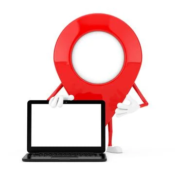 Map Pointer Pin Character Mascot with Modern Laptop Computer Notebook and Bla Stock Illustration