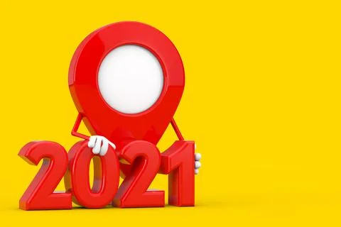Map Pointer Pin Character Mascot with 2021 New Year Sign. 3d Rendering Illustrazione stock