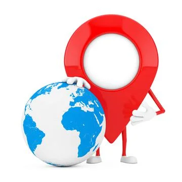 Map Pointer Pin Character Mascot with Earth Globe. 3d Rendering Illustrazione stock