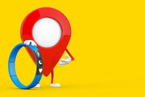 Map Pointer Pin Character Mascot with Blue Fitness Tracker. 3d Rendering Stock Illustration