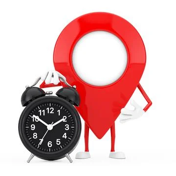 Map Pointer Pin Character Mascot with Alarm Clock. 3d Rendering Stock Illustration