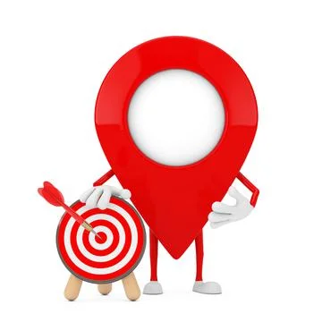 Map Pointer Pin Character Mascot with Archery Target with Dart in Center. 3d  Stock Illustration