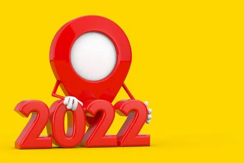 Map Pointer Pin Character Mascot with 2022 New Year Sign. 3d Rendering Illustrazione stock