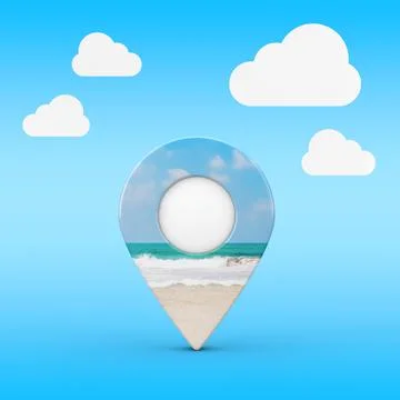 Map Pointer Pin with Ocean or Sea Coast View. 3d Rendering Stockillustratie