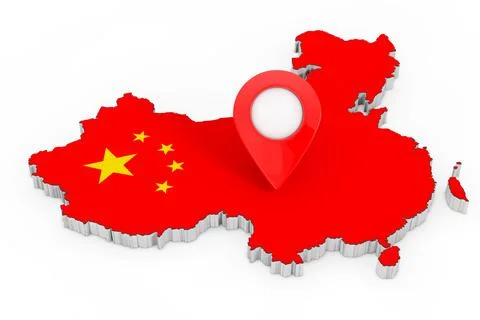 Map Pointer Pin over China Map with Flag. 3d Rendering Stock Illustration