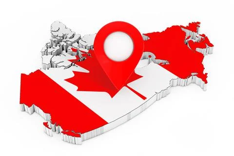 Map Pointer Pin over Map with Canadian Flag. 3d Rendering Ilustração Stock