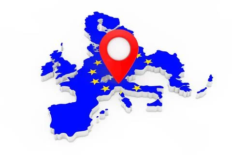 Map Pointer Pin over Map with European Union Flag. 3d Rendering イラスト素材
