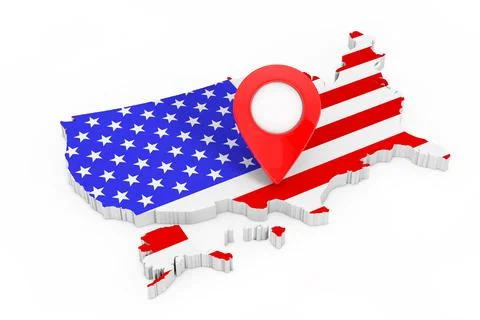 Map Pointer Pin over USA Map with United States of America Flag. 3d Rendering Stock Illustration
