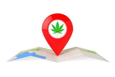 Map Pointer Pins with Medical Marijuana or Cannabis Hemp Leaf Icon over Folde Stock Illustration