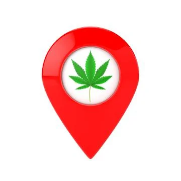 Map Pointer Pins with Medical Marijuana or Cannabis Hemp Leaf Icon. 3d Render Stock Illustration
