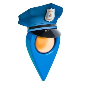 Map pointer with police cap, 3D rendering Illustrazione stock