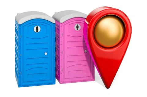 Map pointer with portable toilets. WC location concept, 3D rendering 스톡 일러스트