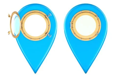 Map Pointer with Porthole Window. Open and Closed Views, 3D Rendering Stock Illustration