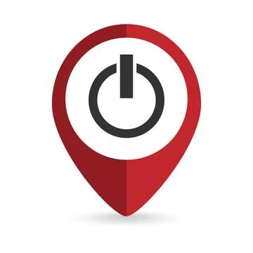 Map pointer with power on off icon. Vector illustration. Illustrazione stock