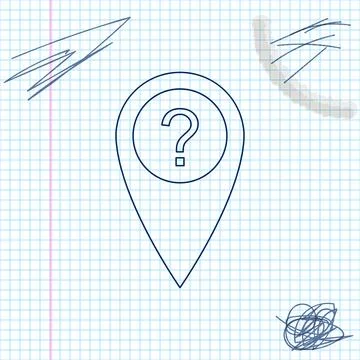Map pointer with Question symbol line sketch icon isolated on white background Stockillustratie