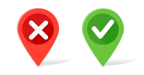 Map pointer in red and green colors with check mark and crosses. Vector flat  Stock Illustration