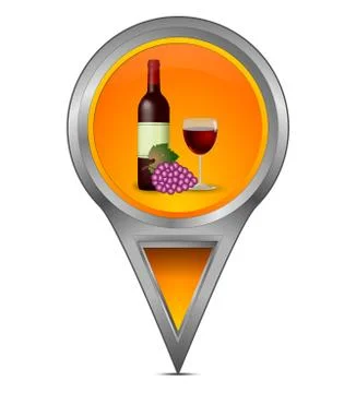 Map pointer with red wine bottle, a glass of wine and grapes – illustration Stock Illustration