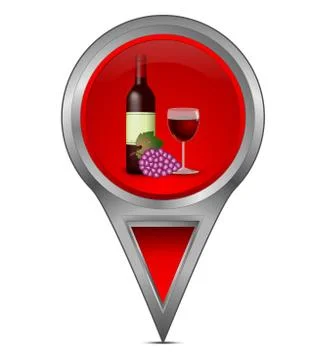 Map pointer with red wine bottle, a glass of wine and grapes – illustration Stock Illustration