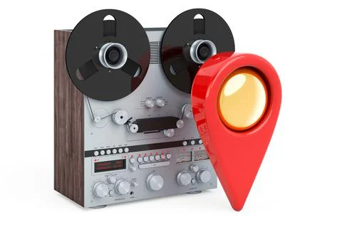 Map pointer with reel-to-reel tape recorder, 3D rendering Stock Illustration