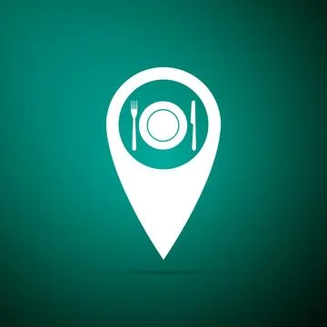 Map pointer with restaurant and cutlery, dish, fork, knife icon isolated on 스톡 일러스트