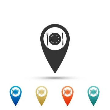 Map pointer with restaurant and cutlery, dish, fork, knife icon isolated on Stock Illustration