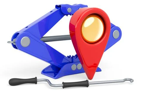 Map pointer with screwjack, car service location concept. 3D rendering Stock Illustration