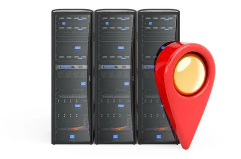 Map pointer with server rack, 3D rendering Stock Illustration