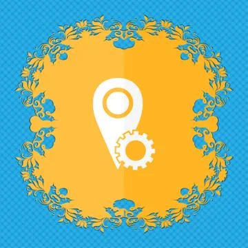 Map pointer setting icon sign. Floral flat design on a blue abstract background Stock Illustration
