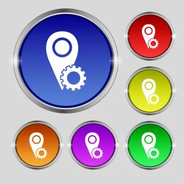 Map pointer setting icon sign. Round symbol on bright colourful buttons. イラスト素材