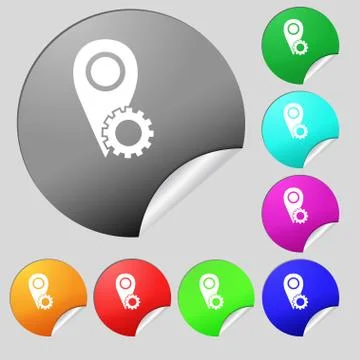 Map pointer setting icon sign. Set of eight multi colored round buttons, sticker Stock Illustration