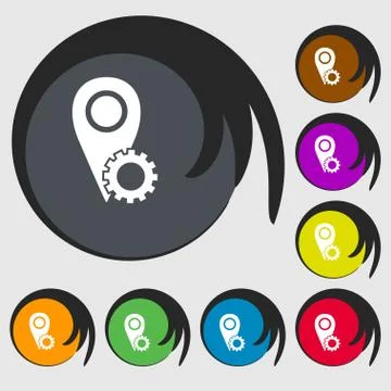 Map pointer setting icon sign. Symbols on eight colored buttons. Stock Illustration