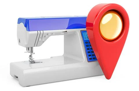 Map pointer with sewing machine. 3D rendering Illustrazione stock