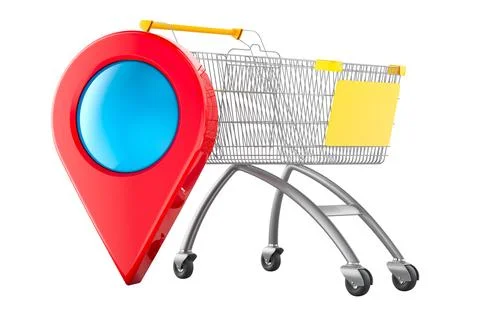 Map pointer with shopping cart. Shop location, concept. 3D rendering Illustrazione stock