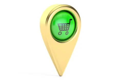 Map pointer with shopping cart. Shopping location concept, 3D rendering 库存插图