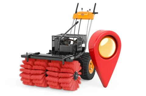 Map pointer with Snow Sweeper Power Brush Broom Industrial, 3D rendering Illustrazione stock