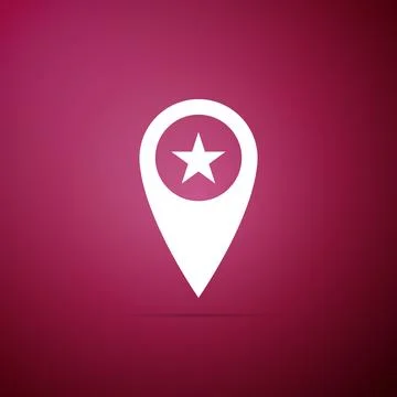Map pointer with star icon isolated on purple background. Star favorite pin map Stock Illustration