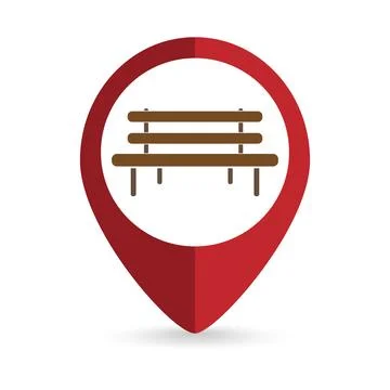 Map pointer with street or park brown bench icon. Vector illustration. Ilustración de archivo