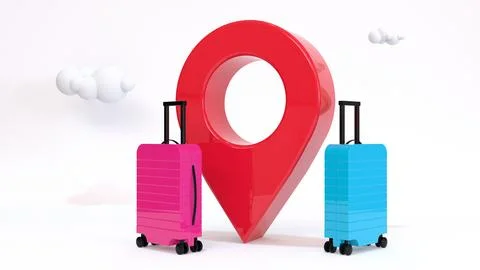 Map pointer with suitcases on a white background. The concept of travel, trav Stock Illustration