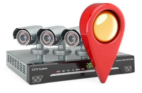 Map pointer with system digital video recorder CCTV. 3D rendering Illustrazione stock