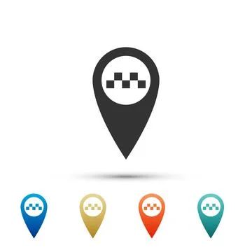 Map pointer with taxi icon isolated on white background. Set elements in color Stock Illustration