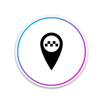 Map pointer with taxi icon isolated on white background. Circle white button Stockillustratie