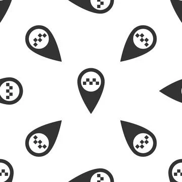 Map pointer with taxi icon isolated seamless pattern on white background. Flat Stock Illustration