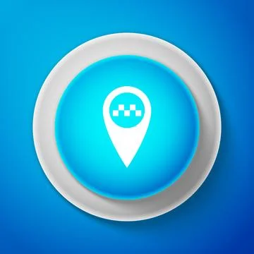 Map pointer with taxi icon isolated on blue background. Circle blue button 스톡 일러스트
