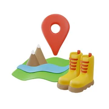 Map with pointer, tourist boots 3D style camping vector composition, travel Illustrazione stock