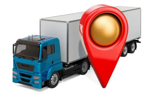 Map pointer with truck, 3D rendering Illustrazione stock