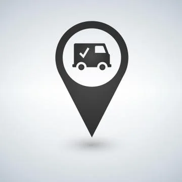 Map pointer with truck icon, sign, vector pictogram isolated on white. Shippi 스톡 일러스트