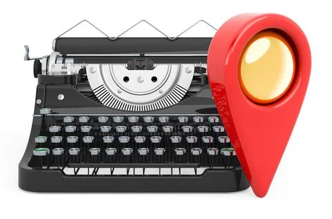 Map pointer with typewriter. 3D rendering 库存插图