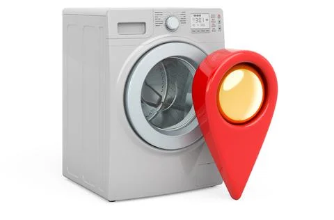 Map pointer with washing machine, 3D rendering Stock Illustration