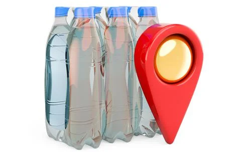 Map pointer with water bottles wrapped in the shrink film. 3D rendering Stockillustratie