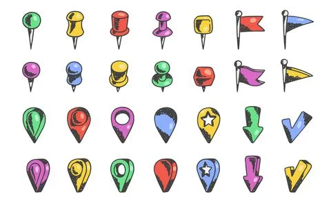 Map pointers and push pins in hand drawn sketch style, vector illustration set Illustrazione stock